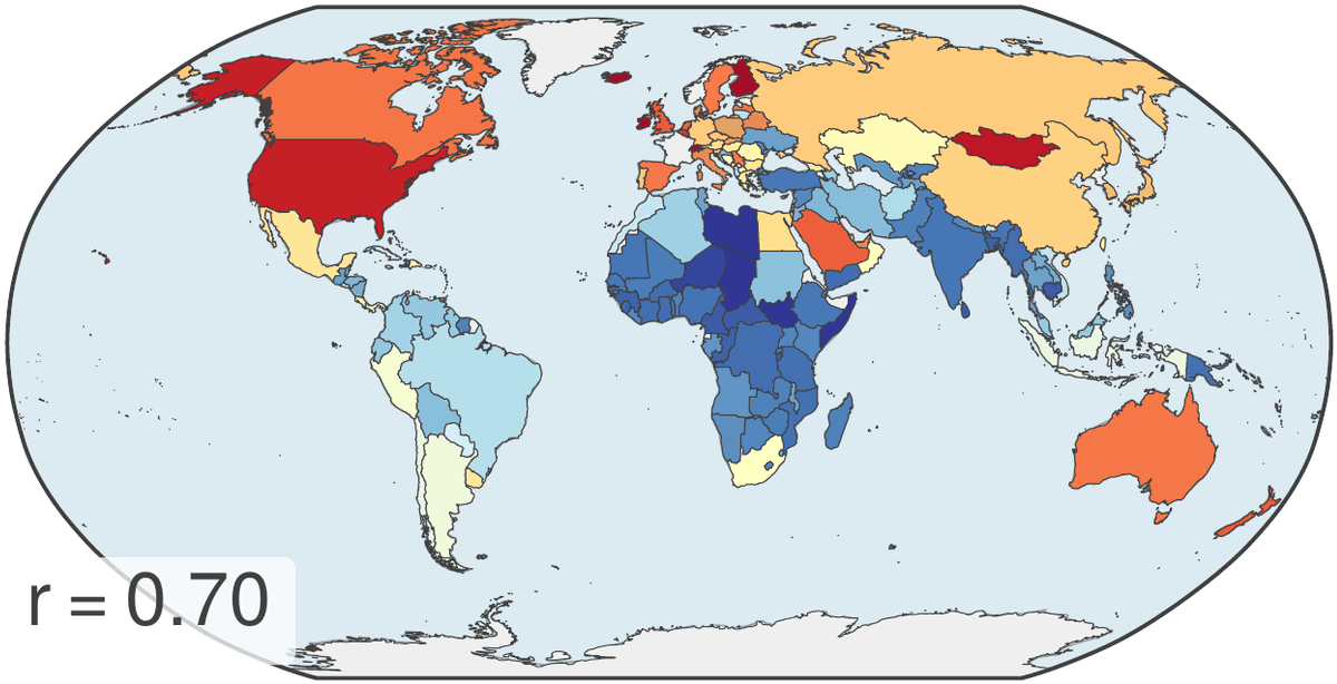Robinson world choropleth of the predicted mean of meat supply per capita for every country, annotated r equals 0.70.