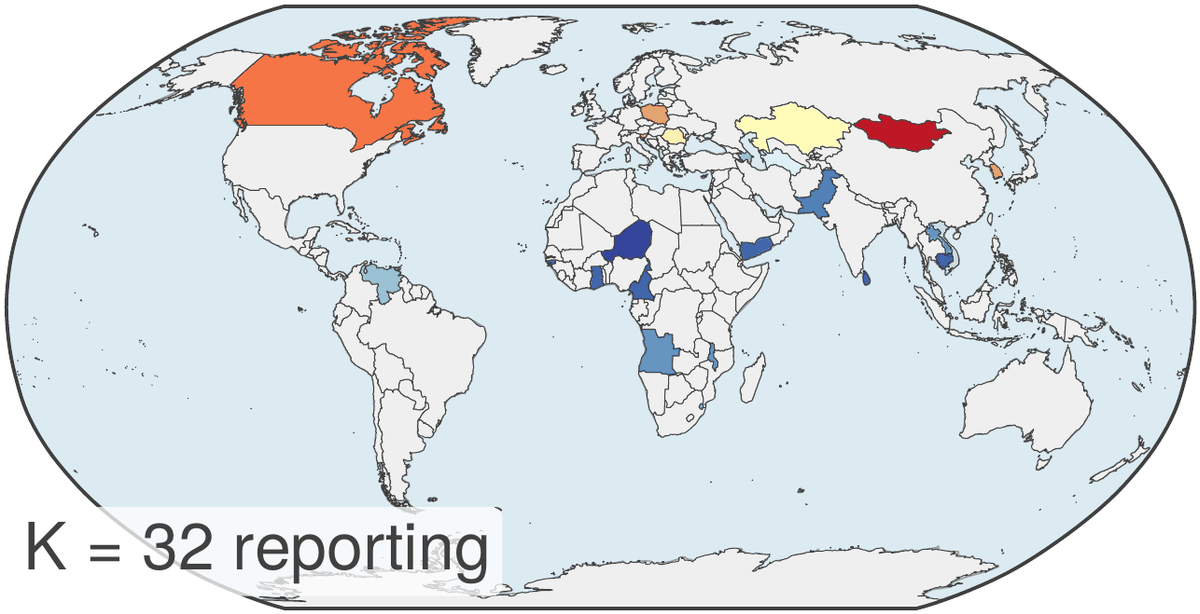 The same map with only the 32 reporting countries filled in for meat supply per capita and every other country left blank, annotated K equals 32 reporting.