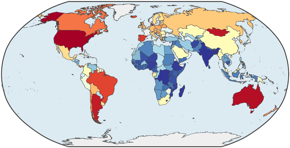 Robinson world choropleth of the true value of meat supply per capita for every country.