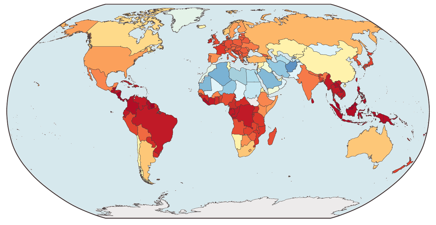 The input to the model: a choropleth of terrestrial productivity in which every country is filled with a single flat value.