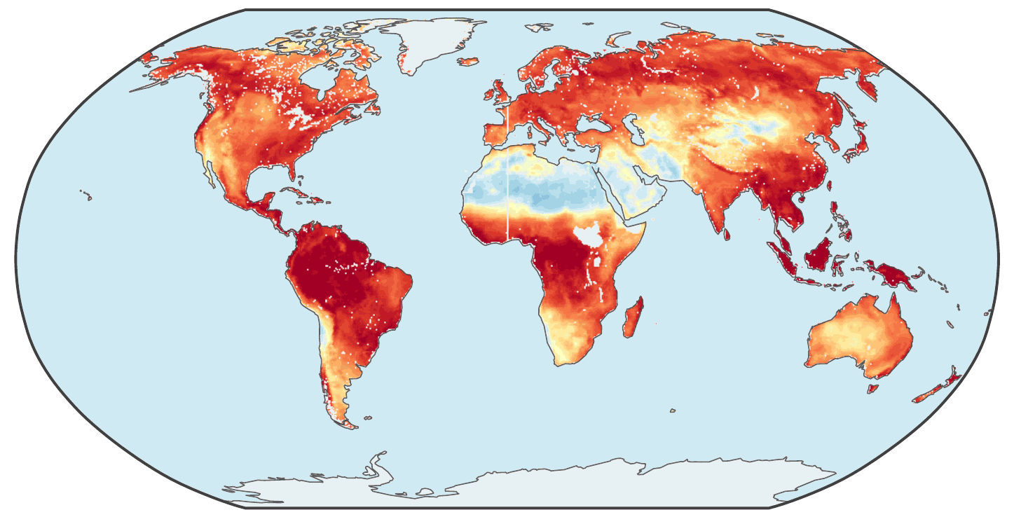 TerraNova's gridded reconstruction of terrestrial productivity, produced from the national averages alone: within-country gradients, mountain ranges and coastlines reappear.