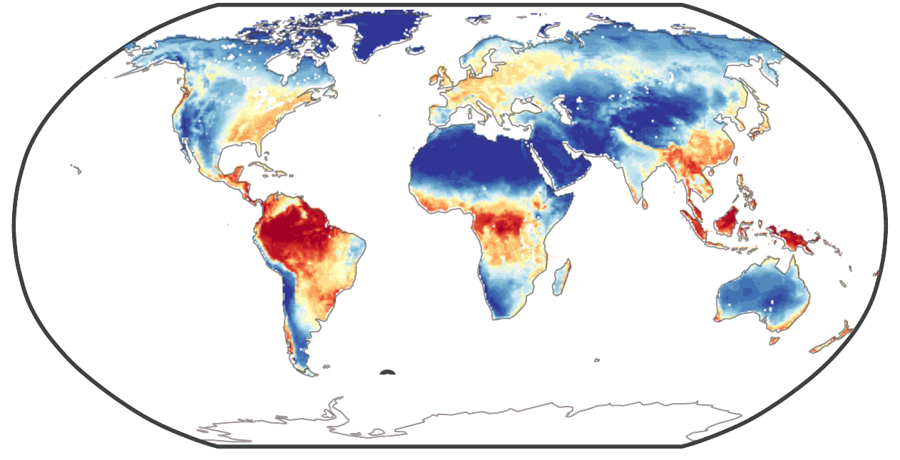 TerraNova's reconstruction of the same global field, rebuilt from 238 measured cells: the large-scale pattern and the coastlines match the ground truth.