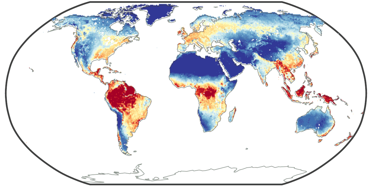 Ground-truth global field at 0.25 degree resolution in Robinson projection, coloured from blue to red.