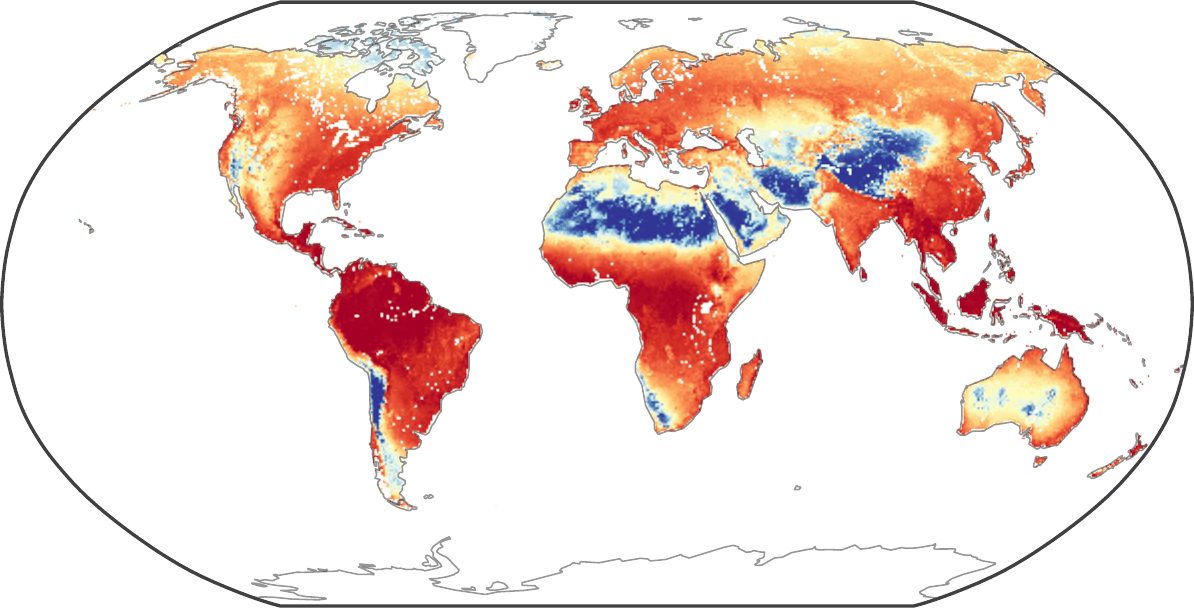 Ground truth world map of terrestrial gross primary productivity in Robinson projection: a continuous deep red belt of maxima over Amazonia, the Congo basin and island Southeast Asia, with the Sahara, Arabia and central Asia at the bottom of the scale.