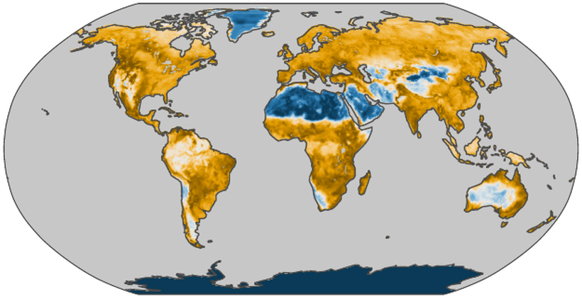 Robinson world map of relative predictive uncertainty for the vegetation domain, orange where the model is least certain and blue where it is most certain.