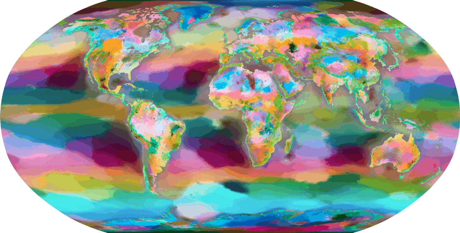 World map in Robinson projection coloured by the model's location representation. Continents, mountain ranges, deserts and coastlines emerge as distinct colour regions, and the oceans form smooth banded basins.